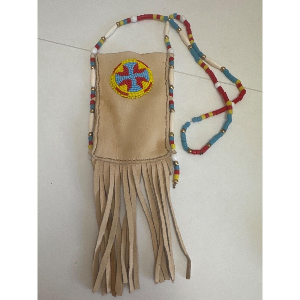 Native American Style Beaded Bag, with seed bead hand made details Soft Hide